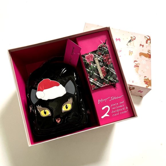 NWT Betsey Johnson 2pc Black Patent Cat Backpack & Floral Card Case Gift Set - Picture 2 of 8